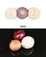 Creative layout made of three onion bulbs of different colors red, yellow and white