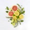 Creative layout made of various citrus fruits, plants and leaves.