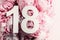 Creative layout. Peony flowers, digit eighteen. Birthday greeting card with inscription 18. Anniversary concept. Top view. Copy