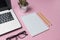 Creative layout photo of workspace desk with laptop, eyeglasses, cactus and notebook with copy space background.