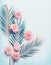 Creative layout with tropical palm leaves and pastel pink flowers on turquoise blue desktop background, top view, place for text