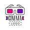 Creative logo template for video or movie company. Cinematography industry emblem with cinema 3D glasses and text. Flat