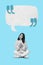 Creative magazine poster of millennial lady sit talk bloggers look speech bubble banner isolated blue color background