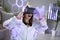 Creative metaphor template collage of amazed youth lady in unicorn kigurumi have party use goggles choose avatar for