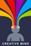 Creative mind brain vector concept in flat trendy design style, colorful rainbow stripes goes out of man head symbolizes creative