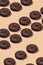 Creative minimal design. 3d render chocolate donuts in isometry vertical beige space. Donuts lover, Restaurant, bakery candy shop