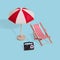 Creative minimal summer idea made of  sun umbrella, deck chair and radio on a pastel blue background