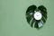 Creative minimalistic composition with an alarm Clock on a monstera sheet. Time to love