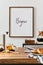 Creative minimalistic dining room interior design with mock up poster frame, dining table and cozy personal accessories.