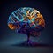 Creative model of human brain in vibrant colors on dark background. Artificial intelligence, technology, neural networks,