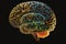 Creative model of human brain in vibrant colors on dark background. Artificial intelligence, technology, neural networks,