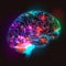 Creative model of human brain in vibrant colors on dark background. Artificial intelligence, technology, neural networks,