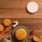 Creative Moon cake Mooncake table design - Chinese traditional pastry with tea cups on wooden background, Mid-Autumn Festival