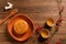 Creative Moon cake Mooncake table design - Chinese traditional pastry with tea cups on wooden background, Mid-Autumn Festival