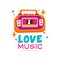 Creative music logo with bright-colored tape recorder. Original vector emblem for record studio, night club or dance