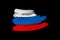 Creative national grunge flag, Russia flag brushstroke on black isolated background, concept of politics, global business,