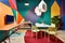 creative office space with bold colors and geometric shapes to encourage creativity