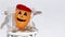 Creative orange balloon in red beret sitting on chair