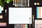 Creative paint background supplies paper brushes paintbox on black wood desk