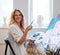 Creative painter paints a colorful picture in her studio