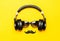 Creative party decoration concept. Black mustache, Sunglasses, headphones for music, props for photo booths carnival parties on