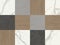 Creative patchwork pattern stone ceramic wallpaper design. White marble and wood.