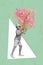 Creative photo 3d collage artwork poster postcard picture of funky man congratulating girl huge bouquet isolated on