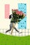 Creative photo collage of funky young feminine girl running carry her present wildflowers bouquet garden  over