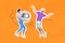 Creative photo collage of funny people carefree guy dancing with impressed girl holding discoball isolated on orange