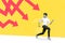 Creative photo collage illustration of handsome scared guy fast running from red dangerous arrows isolated on yellow