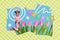 Creative photo collage standing little girl rabbit ears costume cute outfit spring holiday easter celebration painted