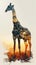 Creative photo poster with full body side silhouette of giraffe with double exposure of African savanna in silhouette. Vertical