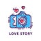 Creative photography logo template. Love story. Original emblem with photo camera and hearts. Flat linear vector