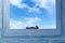 Creative picture bending seascape with ship. Curved space