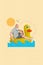 Creative picture photo collage of pensioner man swimming rubber inflatable toy circle yellow duck explore ocean isolated