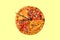 Creative pizza picture in the form of a clock with arrows on a beautiful bright background. delivery 24 hours inscription.