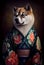 Creative portrait of Akita dog wearing Kimono,  with colorful flowers. boho style. Generative Ai