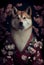 Creative portrait of Akita dog wearing Kimono,  with colorful flowers. boho style. Generative Ai