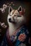 Creative portrait of Akita dog wearing Kimono,  with colorful flowers. boho style. Generative Ai