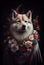 Creative portrait of Akita dog wearing Kimono,  with colorful flowers. boho style. Generative Ai