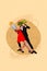 Creative poster collage of dancing boyfriend girlfriend burger french fried potato instead head dress suit tango couple