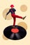 Creative poster collage of elegant gentleman hat walking stick dancer perform suspenders hat vinyl record dance floor