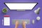 Creative purple desk scene. Designer studio with isolated screen for mockup