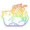 A creative rainbow gradient line drawing cartoon cat playing with ball of string