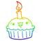 A creative rainbow gradient line drawing cartoon cupcake with candle