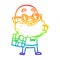 A creative rainbow gradient line drawing cartoon curious man with beard sunglasses and present