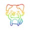 A creative rainbow gradient line drawing cartoon dog rubbing eyes