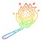 A creative rainbow gradient line drawing cartoon flaming burger on spatula