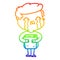 A creative rainbow gradient line drawing cartoon man crying holding book