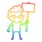 A creative rainbow gradient line drawing cartoon man crying holding sign
